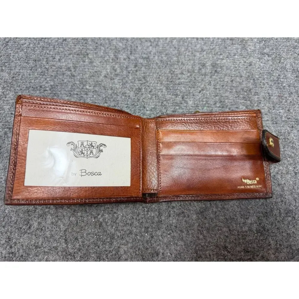 Bosca Brown Leather Bifold Wallet Coin Pocket Frame Clasp Pre-Owned